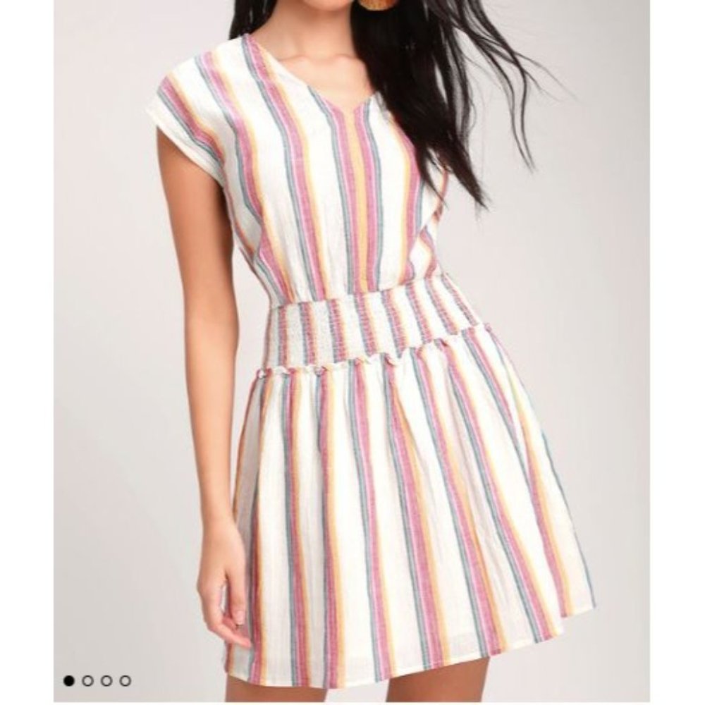 Lulus Striped Smocked Waist Mini Dress V-Neck Sleeveless Summer Boho Multi c1